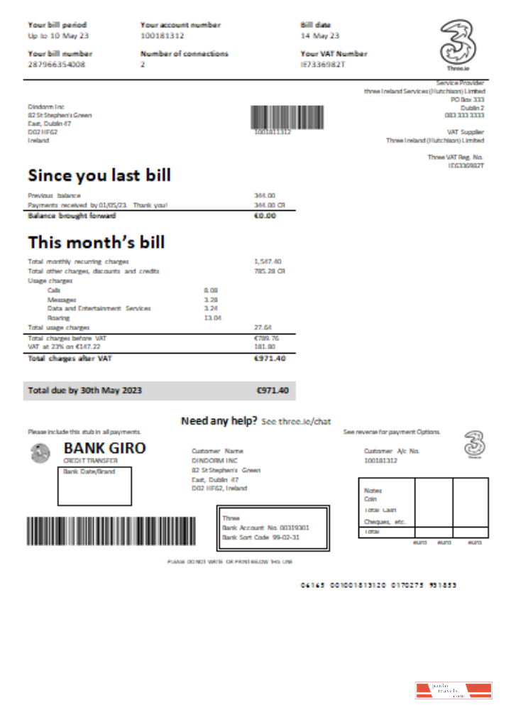 Three Ireland (Hutchison) Limited utility business bill,  GO PSD template